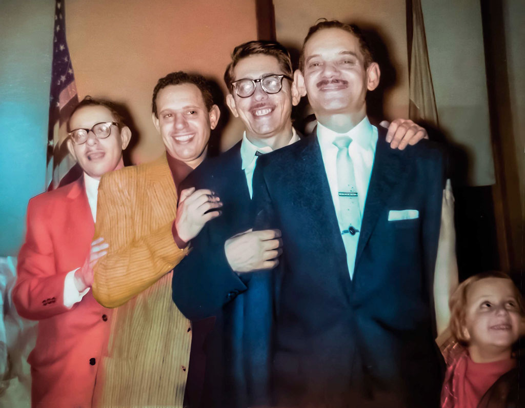 anny, Jack, Abe, Nat & Elaine Kaufman, December 1957, Family Circle Meeting room, Broadway & 14th Street, NYC (colorized)