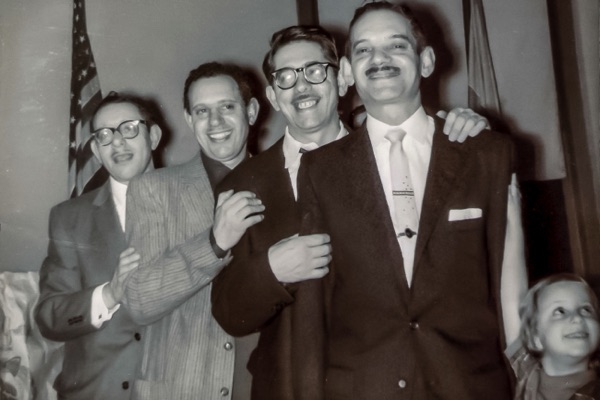 Manny, Jack, Abe, Nat & Elaine Kaufman, December 1957, Family Circle Meeting room, Broadway & 14th Street, NYC