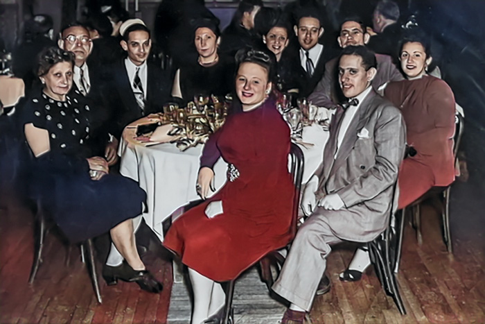 (clockwise, left to right) Tunya & Isidore Kaufman, Nat & Bea Kaufman, Shirley & Manny Kaufman, Abe & Gladys Kaufman, (front) Yetta & Jack Kaufman, 1945